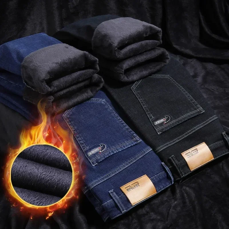 

2024 Winter New Men's Fleece Warm Jeans Classic Style Business Casual Thicken Regular Fit Denim Pants Black Blue Brand Trousers