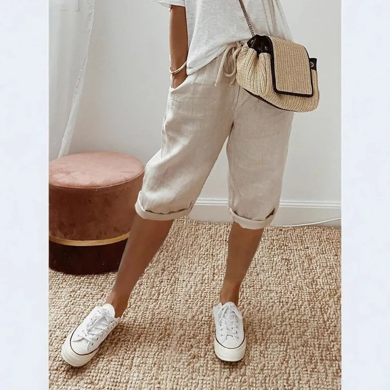 

Shorts Women Summer Cotton Linen Elastic Waist Pocket Elastic Casual Pants Five Quarter Women's Clothing 2025