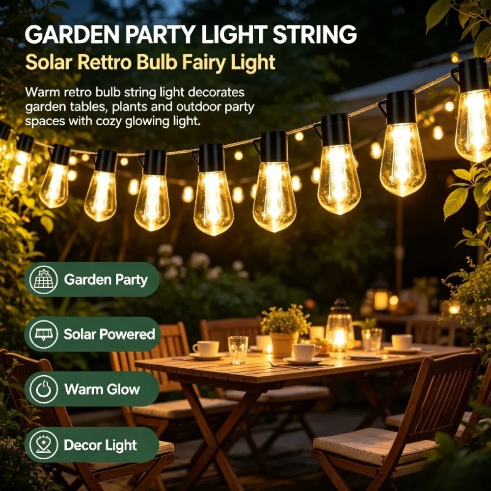 Solar Light String Retro Light Bulb Outdoor Decoration Suitable for Courtyard Camping Garden Party Decoration Atmosphere Light