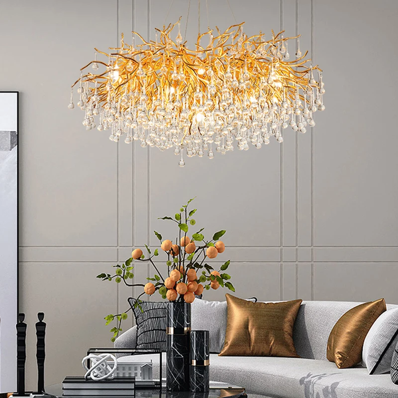 Imagem -03 - Lustre de Cristal em Forma de Ramo para Sala Luminária Pendente de Led Moderna e Simples Francesa e Americana Villa e Duplex Brilho Dourado Decoração do Quarto