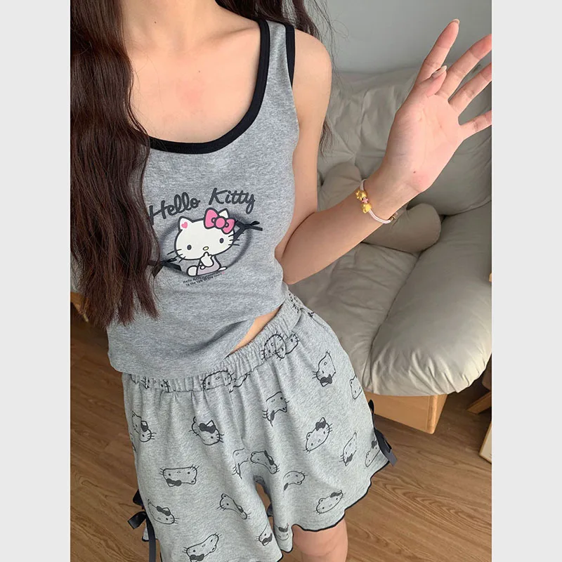 Hello Kitty Beach Swimsuit Women Cute Vest Shorts Suit Sanrio Cartoon Pajamas Homewear Casual Underwear Home Clothes Girl Gifts