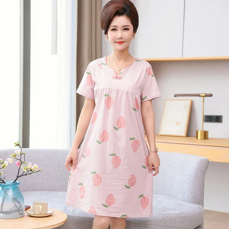 M-3XL Women's Nightgowns Pure Cotton Summer Night Dress Plus Size Middle Aged Mother Nightshirt Short Sleeve Ladies Sleepwear