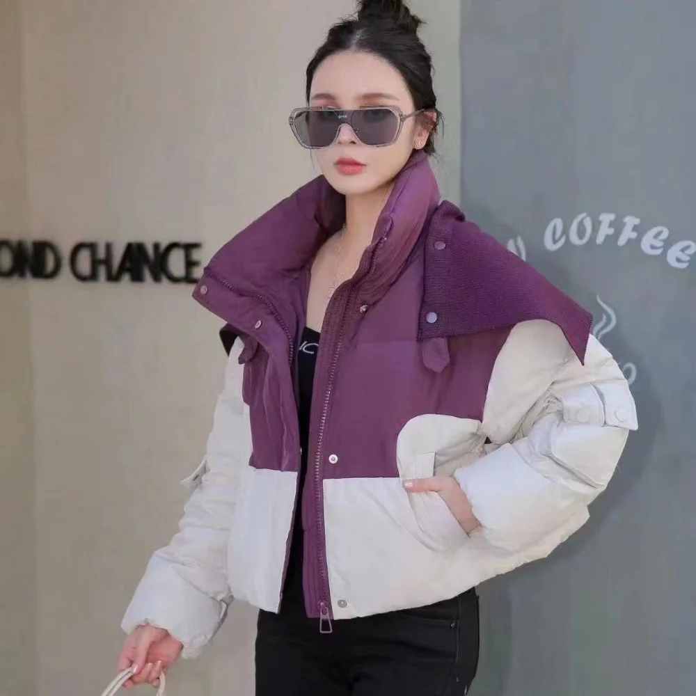 2024 Winter Women New  White Duck Down Thicken Warm Short Down Coats Fashion Clash of Colors Knit Shawl Patchwork Lapel Outwear