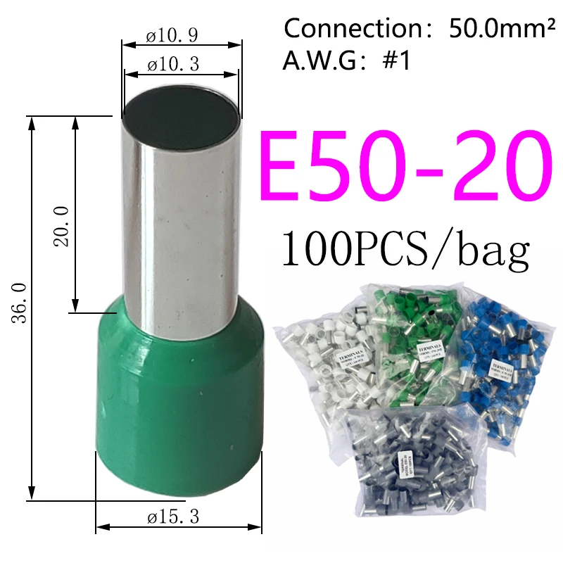 100PCS/Bag,Ferrules Crimping Terminal,1AWG 50mm² Electrical Wire Connector,E50-20 Copper Tube Cable Lug,Insulated End Cord