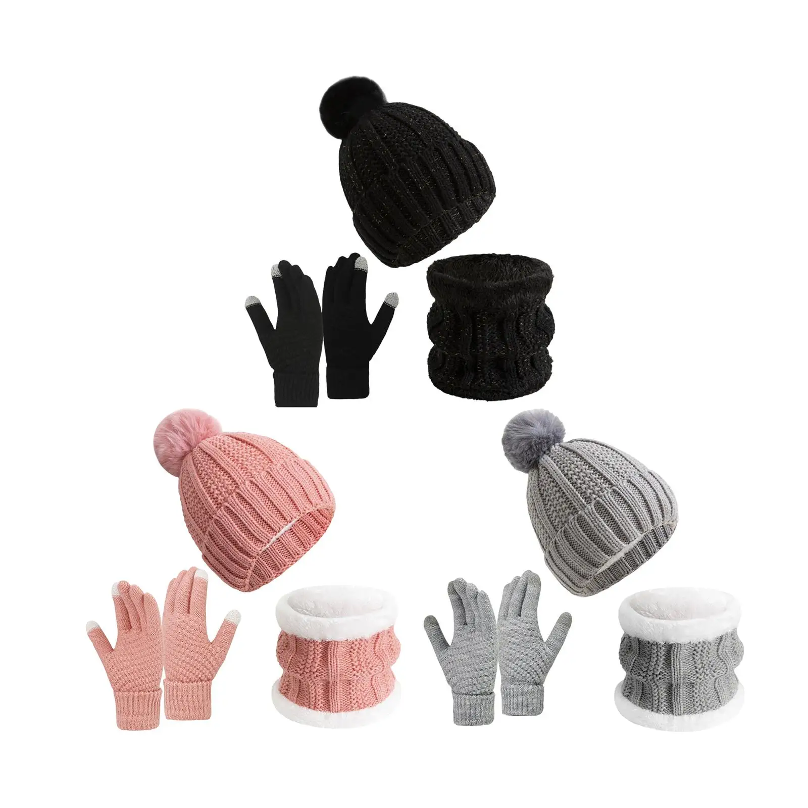 

Зимняя шапка-бини на эластичной плюшевой подкладке для холодной погоды для мужчин и женщин, холодостойкий комплект из трех предметов, шарф, перчатки с сенсорным экраном, грелка для шеи