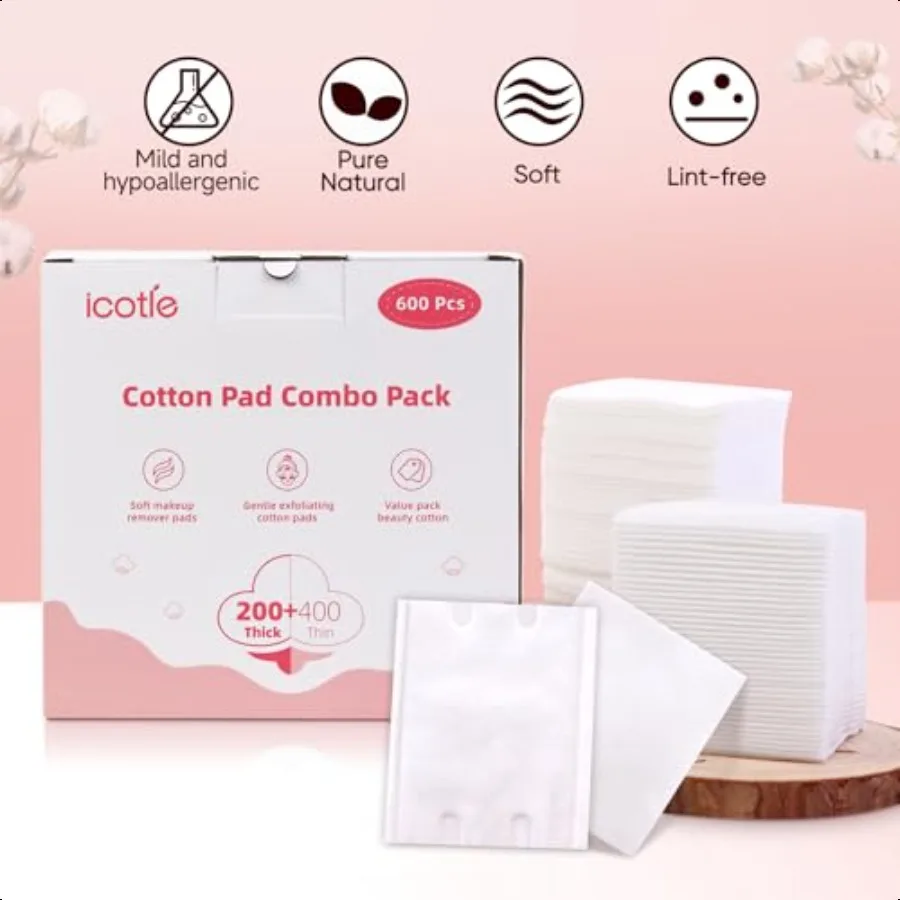 600 PCS Square Cotton Pads Soft and LintFree Includes 400 UltraThin and 200 Thick Pads Hypoallergenic Makeup Remover for Face E