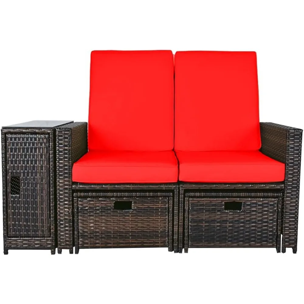 5PCS Outdoor Wicker Chaise Lounge Chair - Rattan Adjustable Reclining Patio Lounge Chair with Ottoman and Coffee Table,