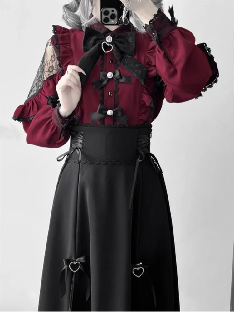 레드 레이스 트리밍 셔츠 Lei 세트 귀엽고 달콤한 드레스