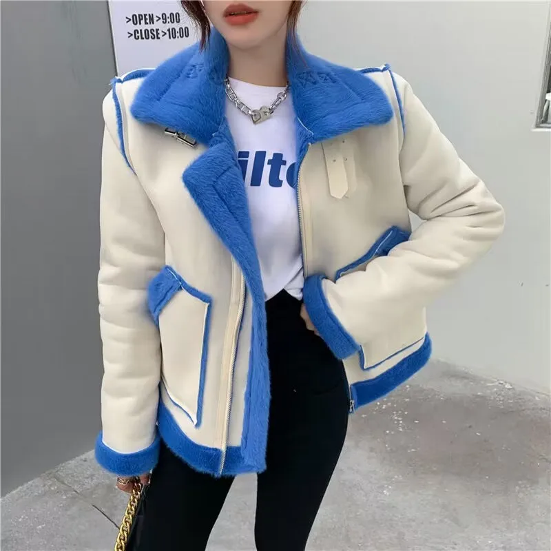 Women Fashion Thick Warm Faux Leather blue Shearling Jacket Coat Vintage Long Sleeve Flap Pocket Female Outerwear Chic Tops