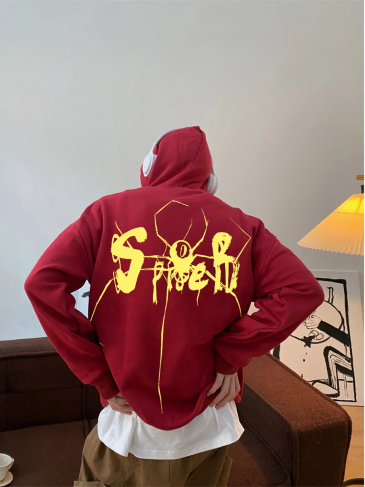 

American Sle Heavyweight Spider Print Hoodie Men's Hiphop Streetwear Autumn Spring Red Wine Color Casual Outerwear