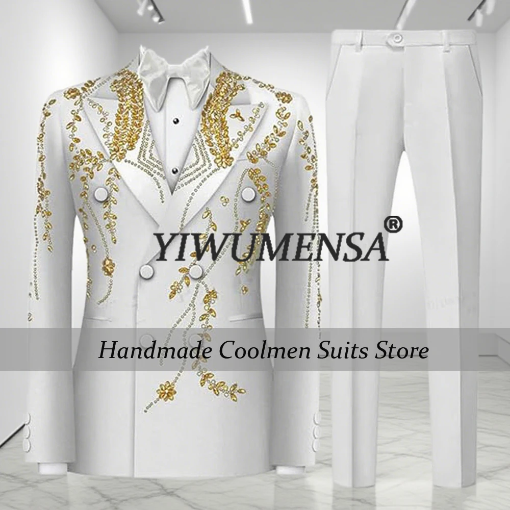 

Glittering Gold Beaded Stones Suits Men 2 Pieces Sets Double Breasted Prom Blazers Customized Groom Formal Occasion Party Tuxedo