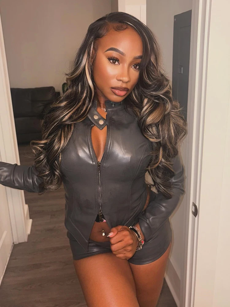 Y2k Punk PU Leather Sexy Women 2 Piece Sets Black Long Sleeve Zip Jacket and Shorts Suit Fall 2025 Night Out Club Outfits