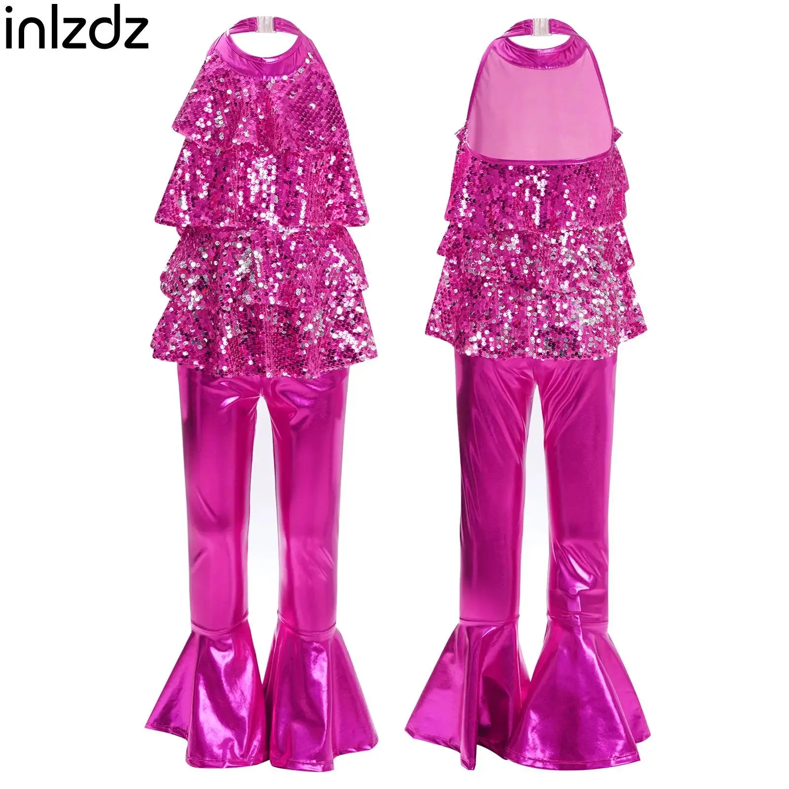 

Kids Girls Halter Backless Shiny Sequins Leotard Bell-bottom Pants Suit for Gymnastics Latin Jazz Cha-cha Samba Dance Costume