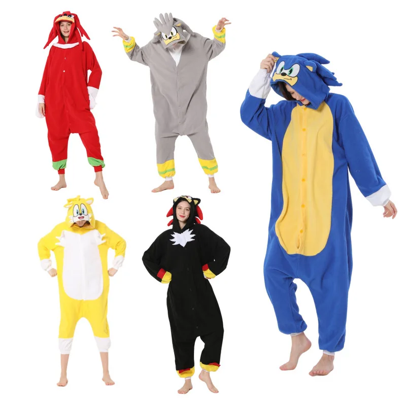 New Sonic Onesie Cartoon Jumpsuit Pajamas Fleece Long Sleeves For Couples Autumn And Winter Home Wear