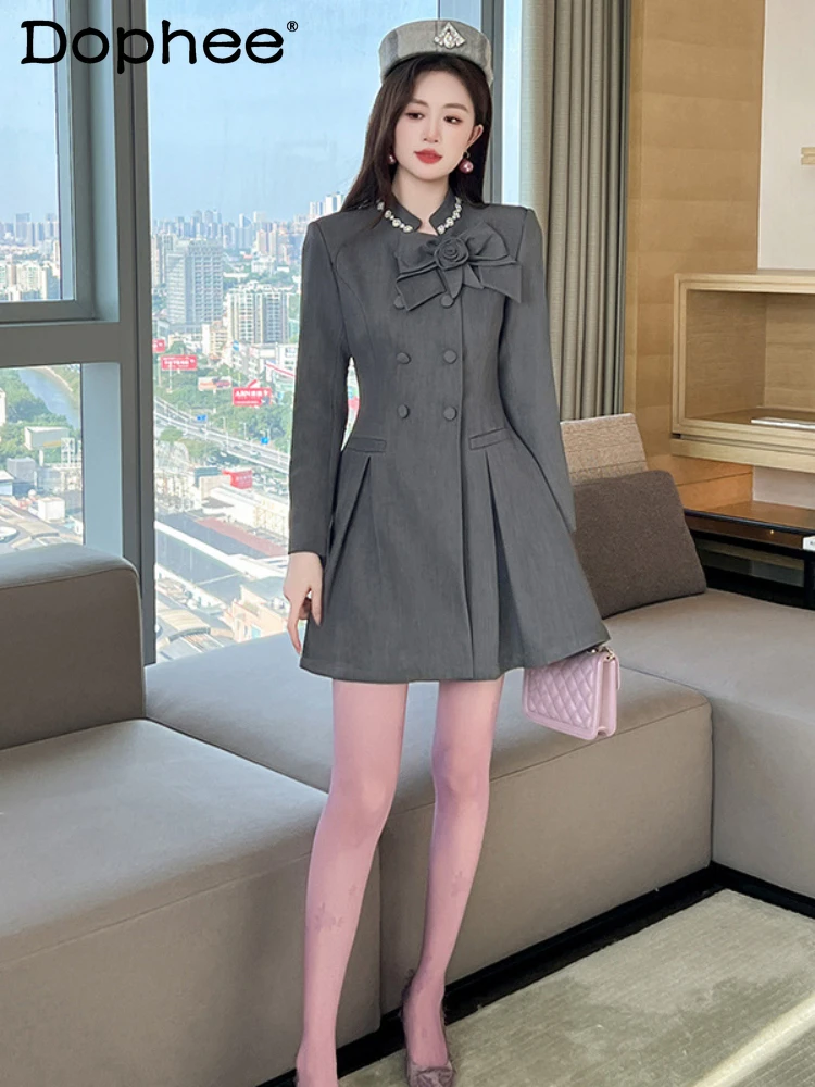 

2024 Autumn and Winter New Women's Clothing Age-reducing College Style Round Neck Double-breasted High Waist Gray A Line Dress