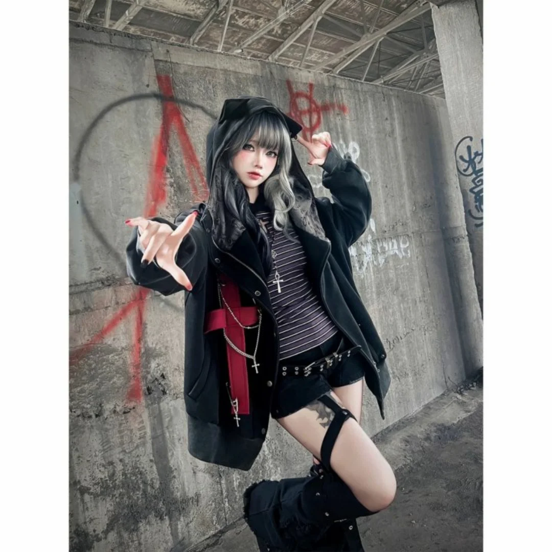 

Millennium punk dark style Abi chain cross with velvet cat ear jacket subculture sweet and spicy girl hoodie jacket
