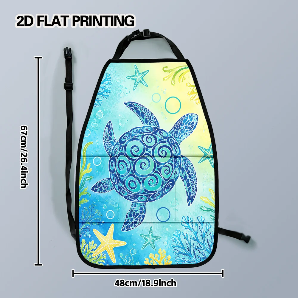 2D Flat, 2pcs Car Seat Kick Mats With Organizer - Underwater Swirl Turtle Designed Storage Bag For Seat Back, Versatile Backseat
