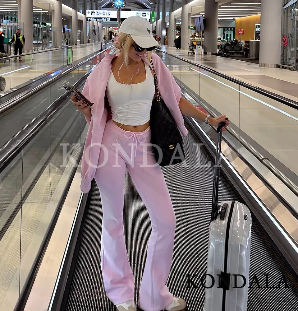 KONDALA Fall Women Elegant Pant Set Simple O-Neck Zipper Jacket, Slim Drawstring Flared Pants 2025 Spring Autumn Casual Lady Set
