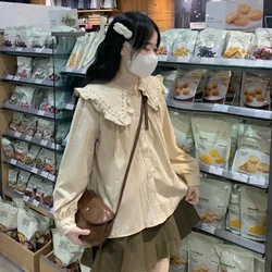 Qweek-女性のヴィンテージプレッピーシャツ,和風,長袖ブラウス,かわいい,秋の服,カワイイ