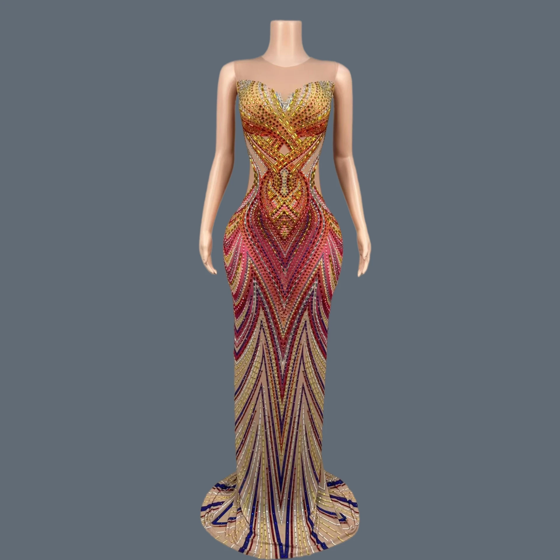 

Women Sparkly Rhinestone Mesh Evening Gown Gala Prom Elegant Formal Sparkly Crystals High-end Sexy Red Long Dresses Fenghuang