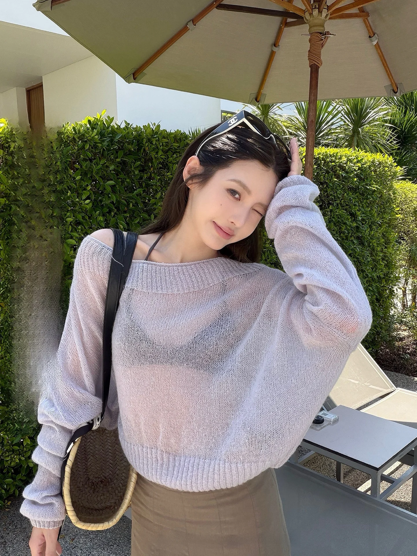 

NingSi Light Purple Hollow out Shoulder Thin Knitted Cover up Women's Spring Summer Loose Casual Versatile Top