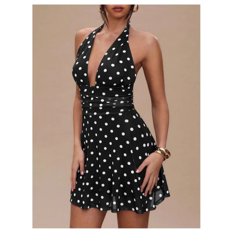 Womens Sexy Polka Dot Print Deep V-Neck Backless Hanging Neck Folds Mini Dresses Summer New Fashion Holiday Party Dress Vestidos
