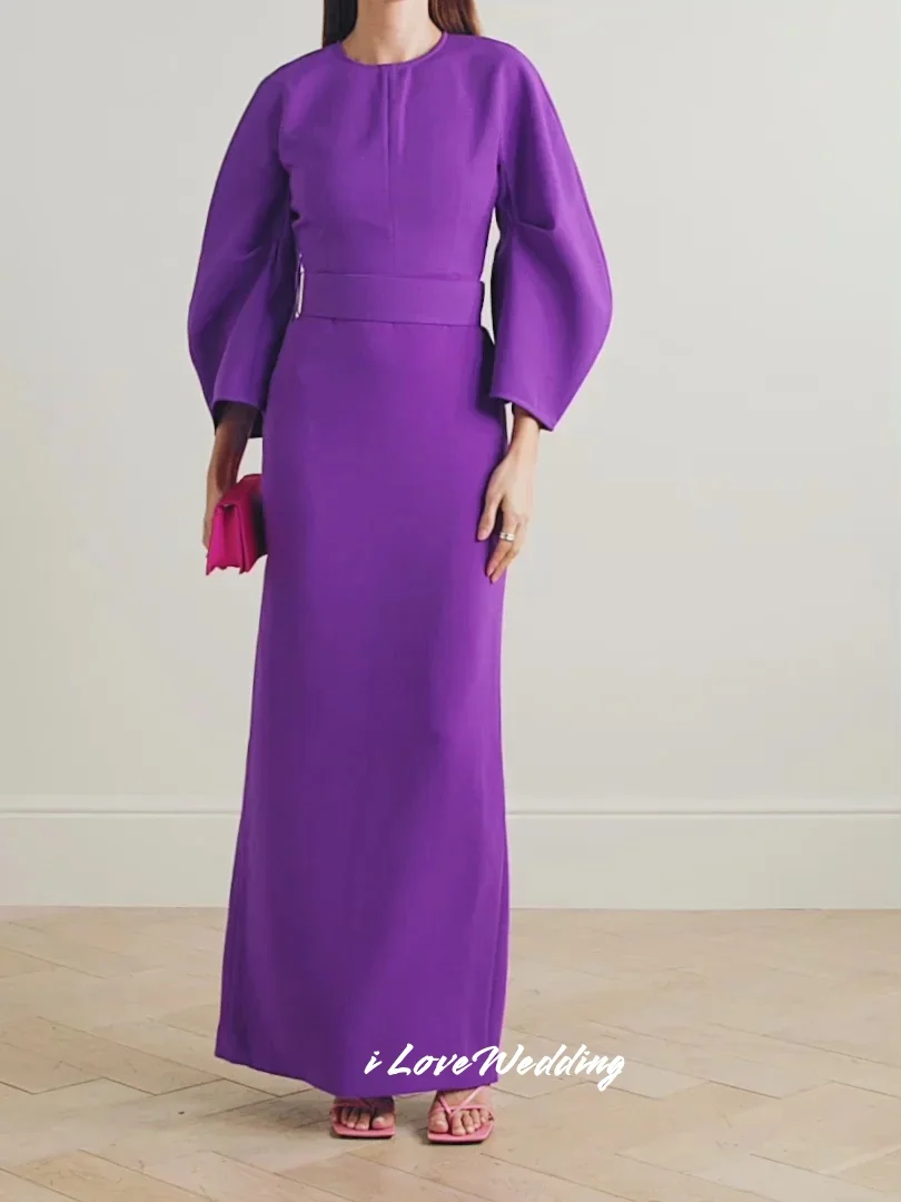 

Purple O-Neck Evening Dresses 2025 Satin Long Sleeve Belt Sheath Pleated Prom Dress Ankle-Length Wedding Party Dress Customized