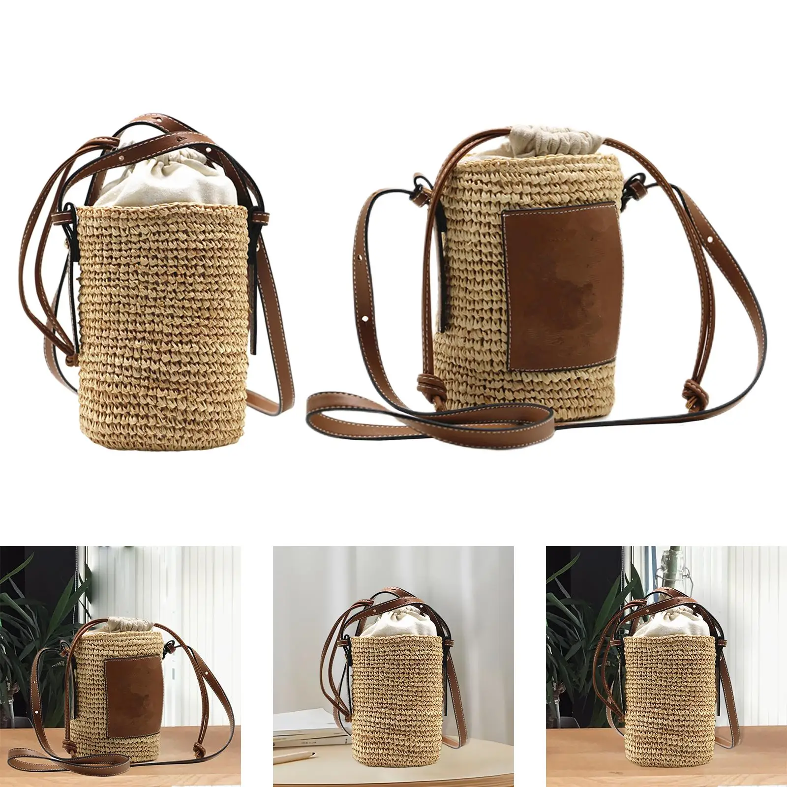 Chic Women Round Straw Handbag Ladies Casual Bags Shoulder Bag Round Barrel Crossbody Bag for Travelling Shopping Holiday Gifts