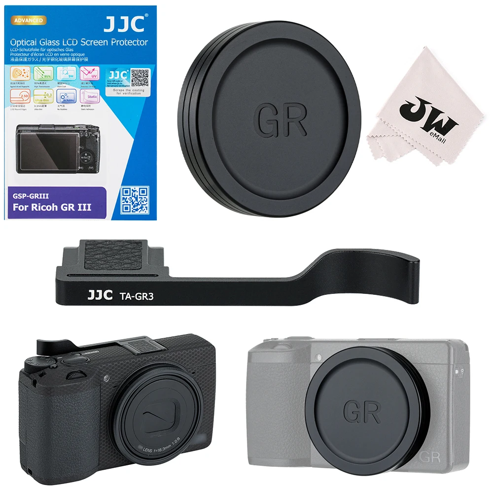 Zestaw akcesoriów do aparatów JJC 4w1 do aparatu Ricoh GR III GR3 GRIIIX GR3X osłona ekranu + uchwyt na kciuki + osłona obiektywu