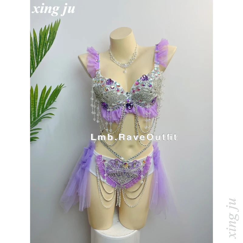 

Xing Ju Women Purple Luxury Diamond Tassel Mesh Dress Sexy Outfits Nightclub Holiday Party Costume Singer Dance Stage Club Wear