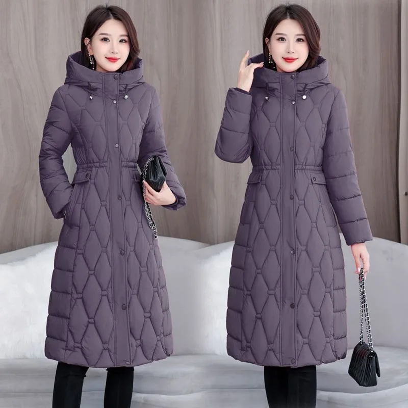 

New Women's Down Cotton Jacket Long Winter Warm Padded Jacket Fashion Female Hooded Parker Overcoat Windproof Cotton Clothes 4XL