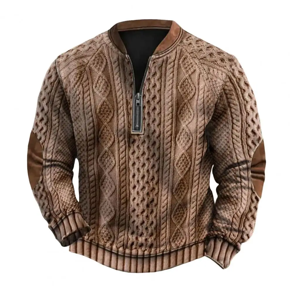 Men Cozy Long Sleeve Shirt Men's Rhombus Texture Patchwork Half Zipper Sweatshirt for Fall Winter Outdoor Sports Round Neck