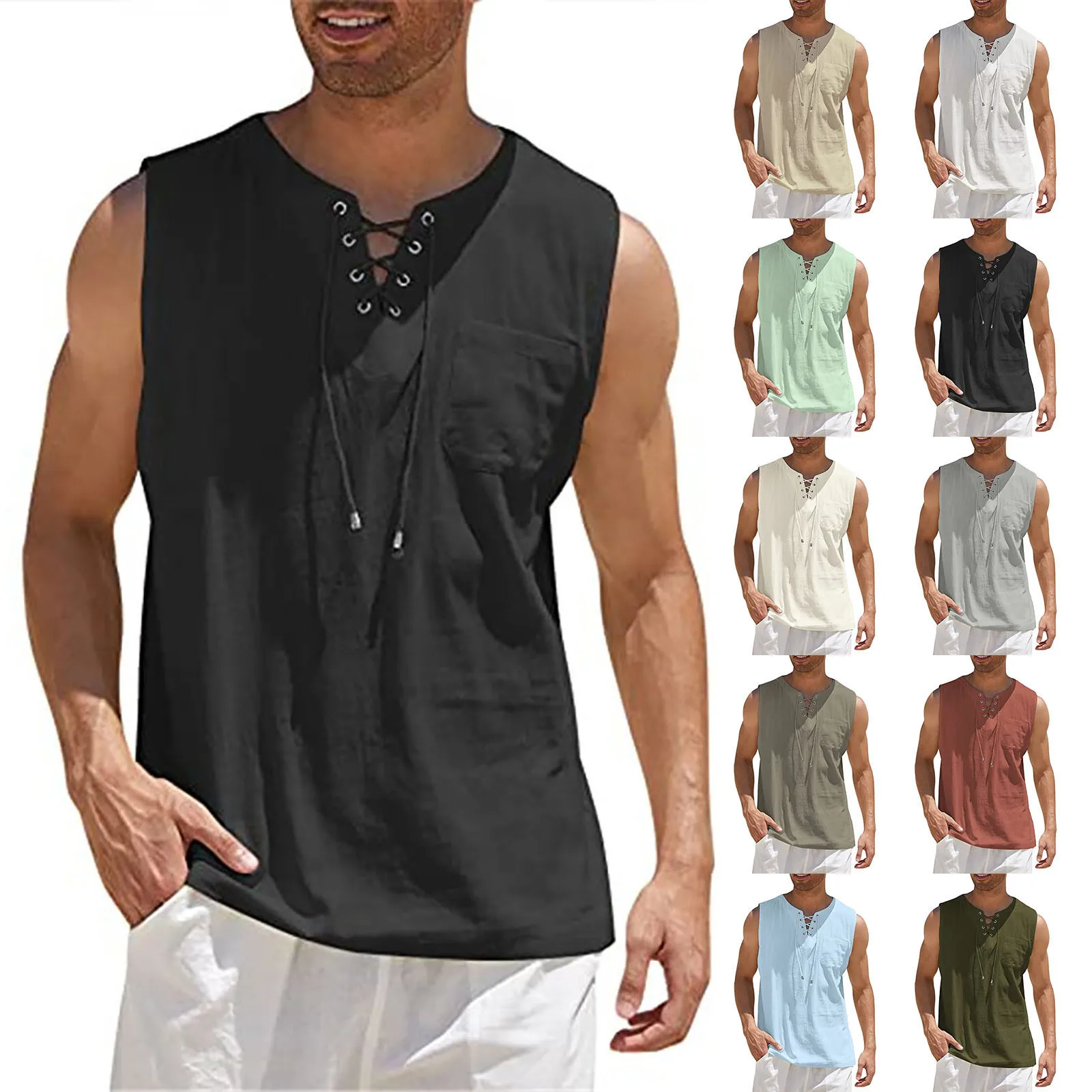 Майка Мужская льняная, модная повседневная рубашка без рукавов, на шнуровке, дизайнерский однотонный жилет, свободный крой, повседневный жилет для отдыха