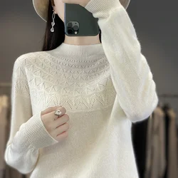 2024 New Line Of Garment Hollowed Out Half Height Women's High-grade Woolen Sweater 100% Pure Wool Multi-color Option WQ