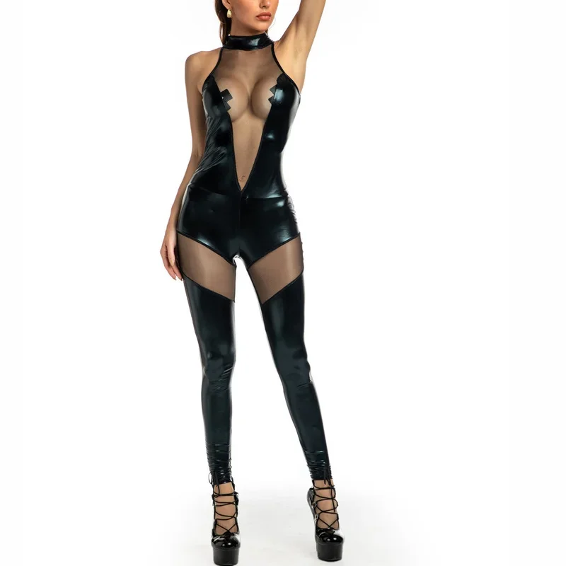 Sexy Women Mesh Patchwork Faux Leather Catsuit PVC Latex Lingerie Bodysuits Clubwear Zipper Women Jumpsuits Rompers Playsuit