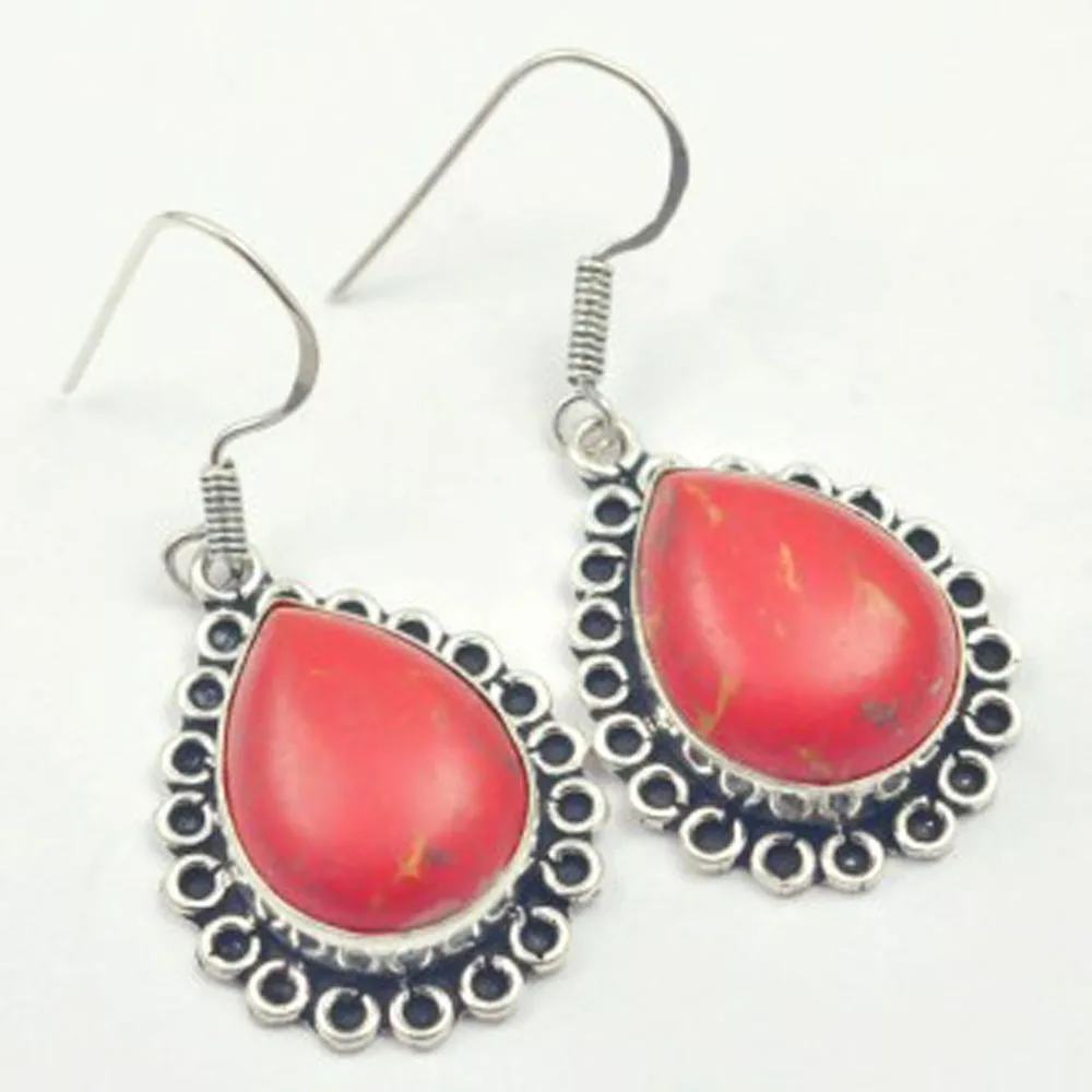 

Red Turquois Earrings Silverss Overlay over Copper, USA Size 50mm , E3079