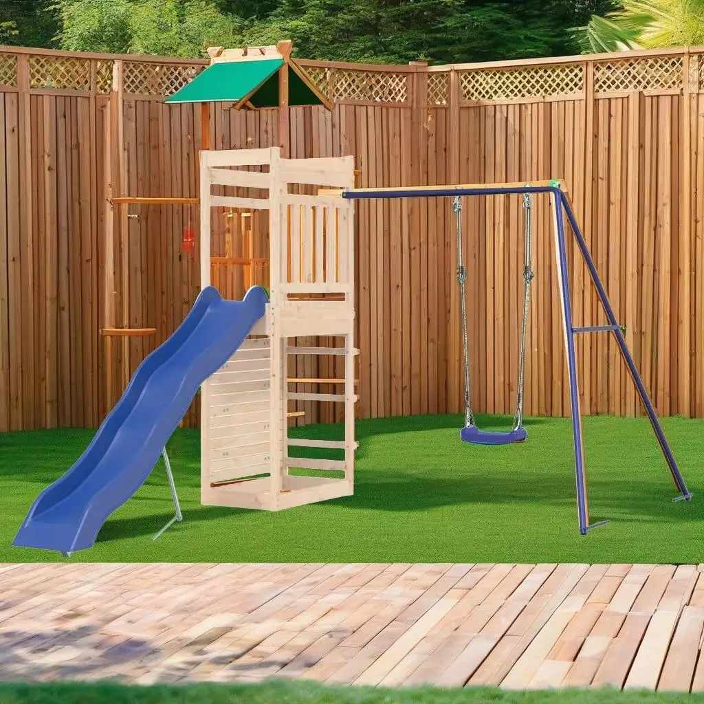 Outdoor Solid Pine Playset for Kids - Durable Wooden Playground Equipment