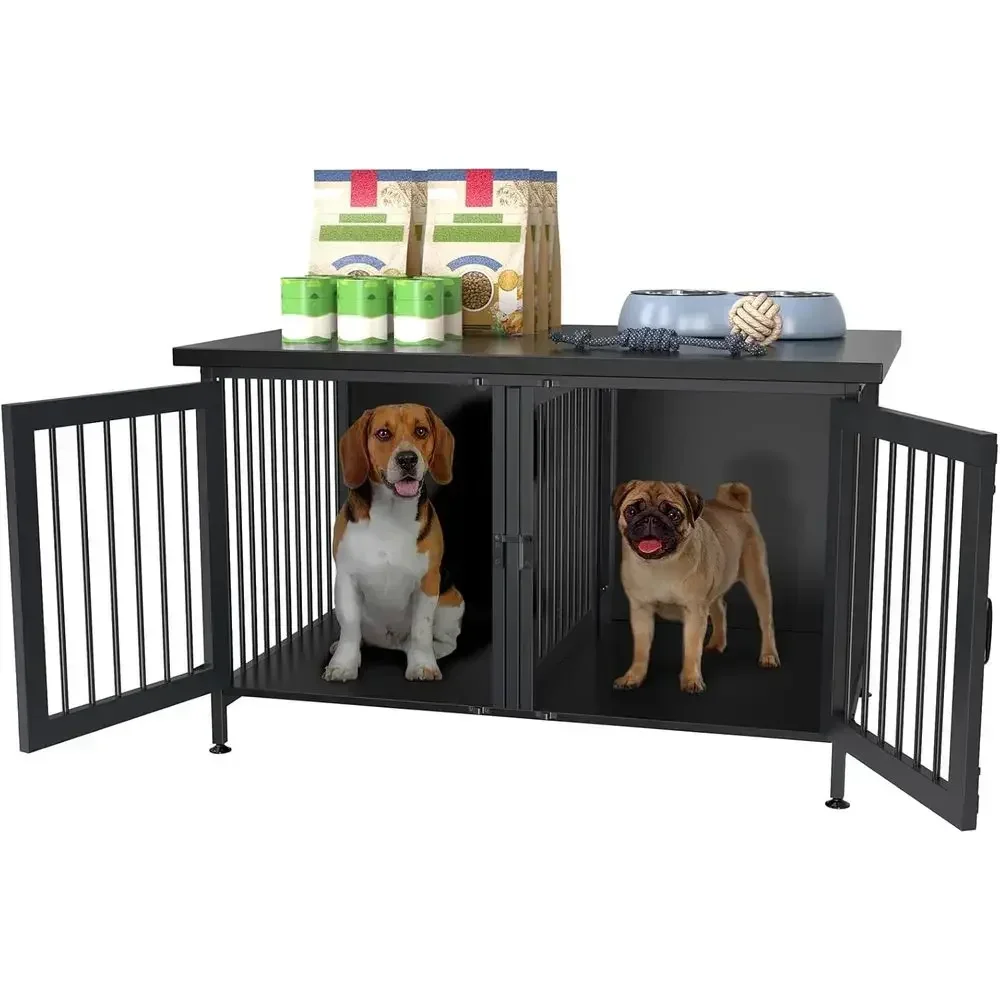 Double-Deck Dog Crate with Divider, 2-Section or Single Use, Stylish Indoor Cage, Black