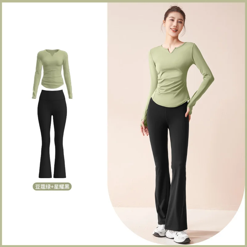 Women's Quick Dry v-neck Yoga Suit Stretch Pleated Slim Slim Long Fitness Suit