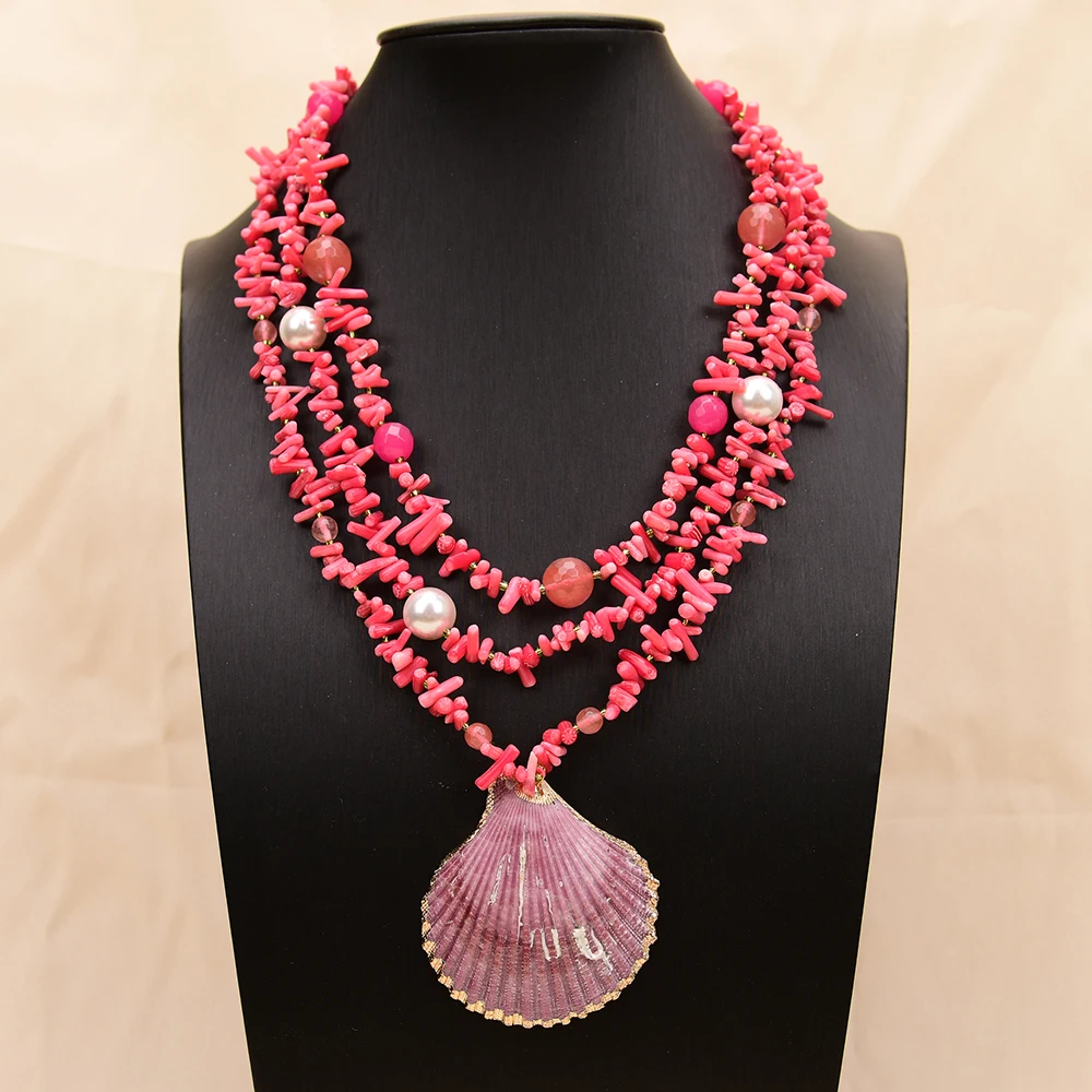 APDGG A98 Handmade 3 Rows Natural Mix Stone Coral Jade Shell Pendant Multi Strands Necklace