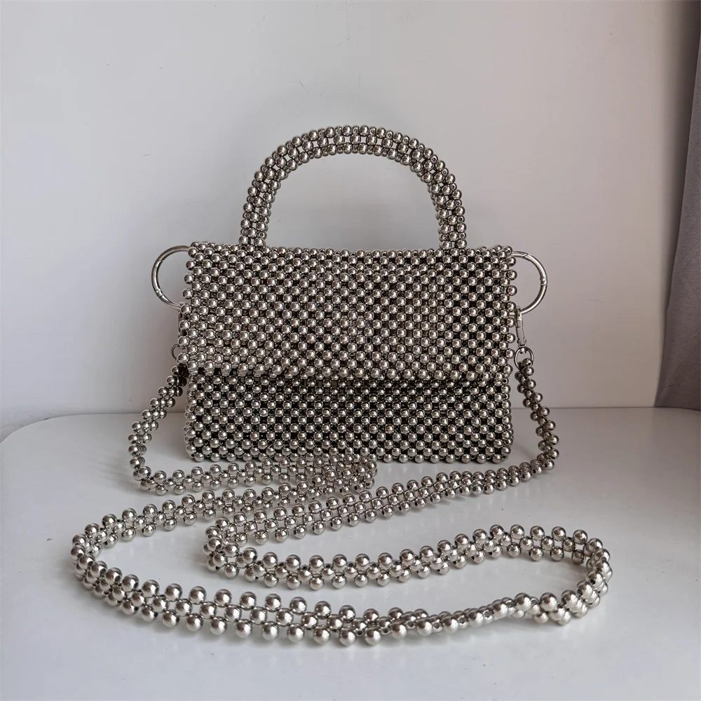 

Silver Beaded Bag Cross Body Designer Bags Handmade Ladies Bags Handbag Crossbody Beading Fashion Purses and Handbags for Women