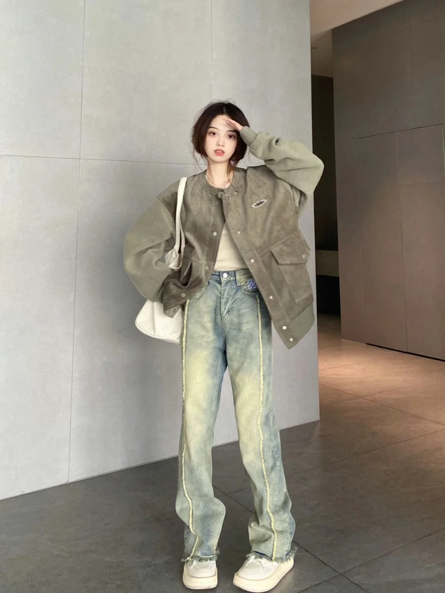 

Retro American Yellow Mud Color Distred Denim Jeans Women's plus Size High Waist Slimming Wide Leg Pants Spring Autumn