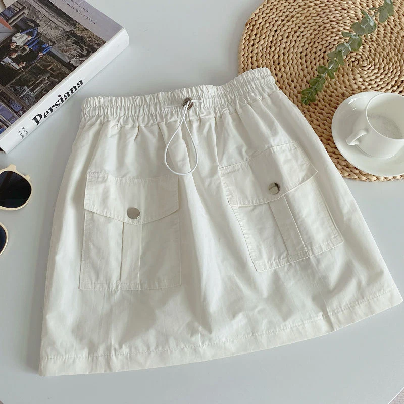 Y2K Women Cargo Skirt Summer Casual Drawstring Loose A Line Skirt Korean High Waist Baggy Pocket Female Solid Mini Skirts