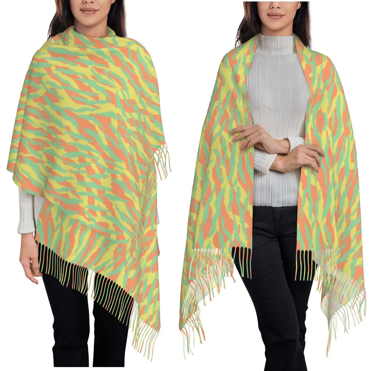 

Неоновый шарф с принтом зебры и животным, шарфы с кисточками, женские мягкие теплые шали и накидки, длинная осенне-зимняя шаль