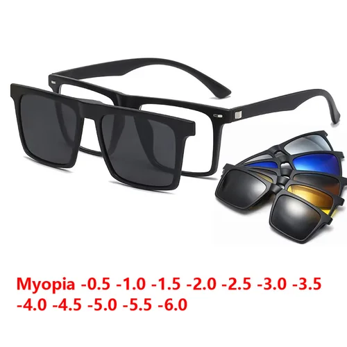 Gafas de sol con imán polarizado para miopía, gafas con Clip para hombres y mujeres, gafas ópticas cuadradas 6 en 1, monturas para gafas-0,5 a-10
