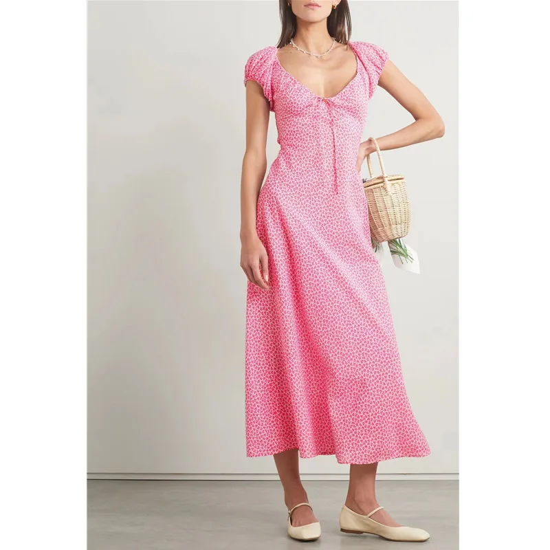 

2023 Summer French V-neck Short-sleeved Slim Retro Small Floral Dress Printed Long Dress