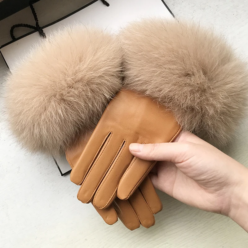 Chic Camel Color Real Big Fox Fur Women\'s Sheepskin Gloves Winter Plus Velvet Female Cycling Drive Warm Genuine Leather Gloves