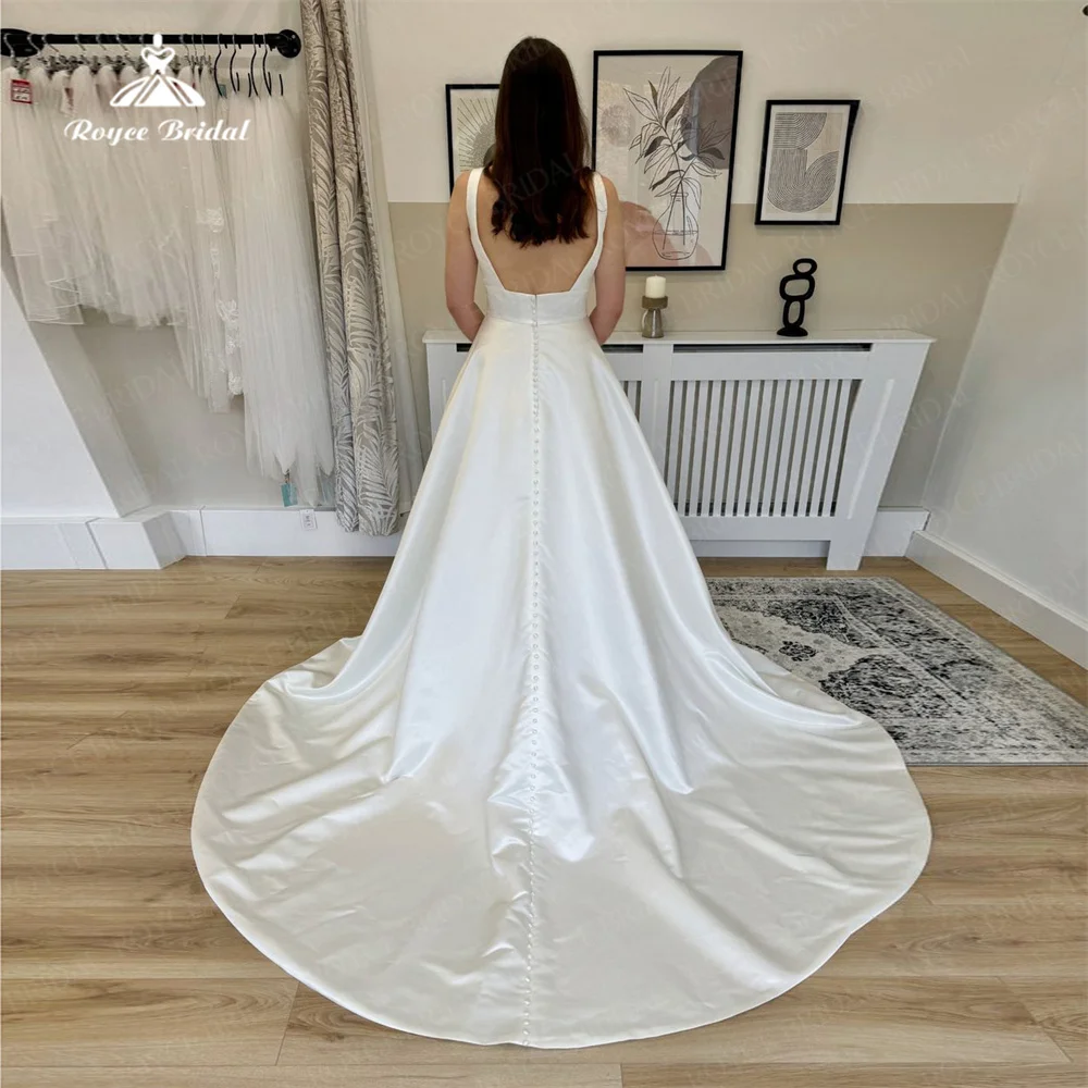 Robe de mariée trapèze en satin bohème, sexy, col en V, en fibre ivoire, personnalisée, grande taille, pour les patients, dos nu, avec train de balayage