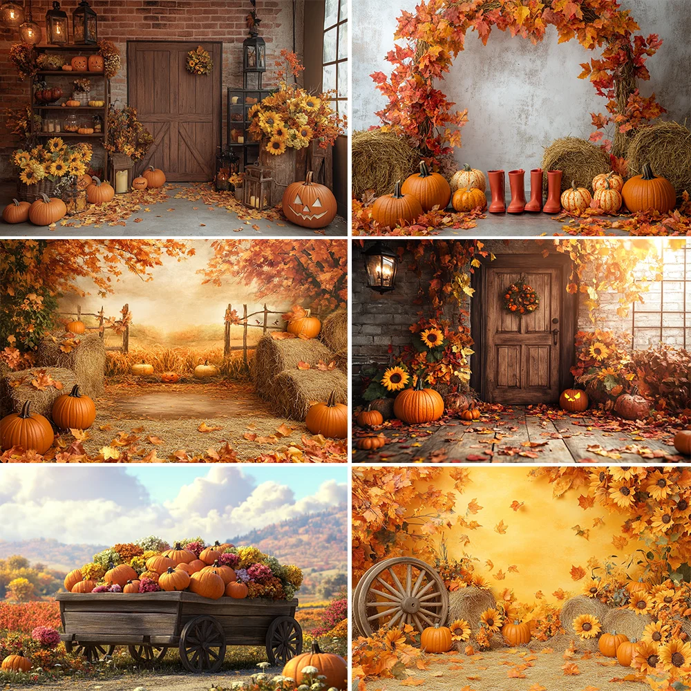 

Autumn Harvest Scene Backdrop for Photography Fruit Pumpkin Sunflower Floral Thanksgiving Party Portrait Photo Background Banner
