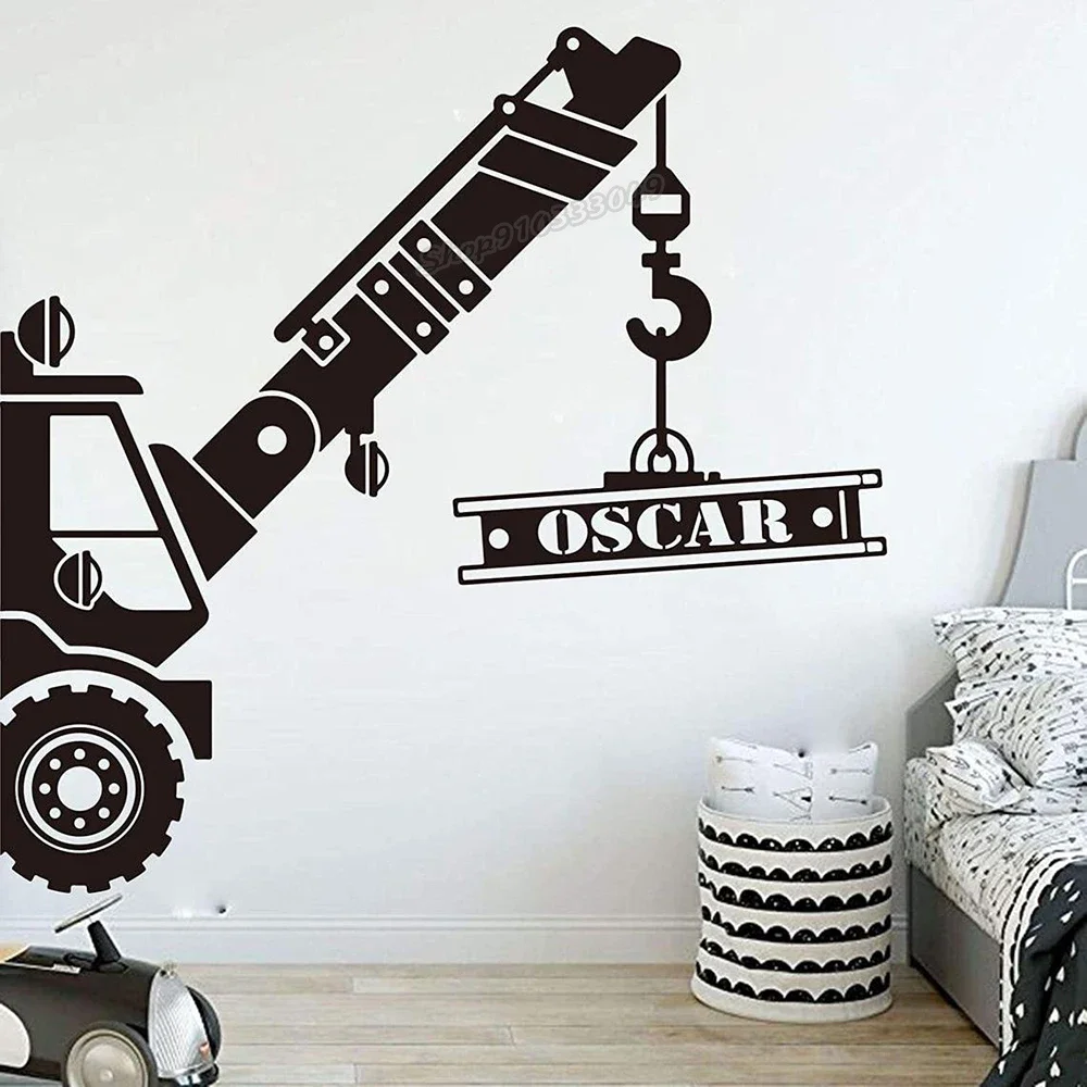 Personalized Name Construction Crane Truck Wall Decal Custom Name Construction Vehicle Car Wall Sticker Kids Room Decor B055